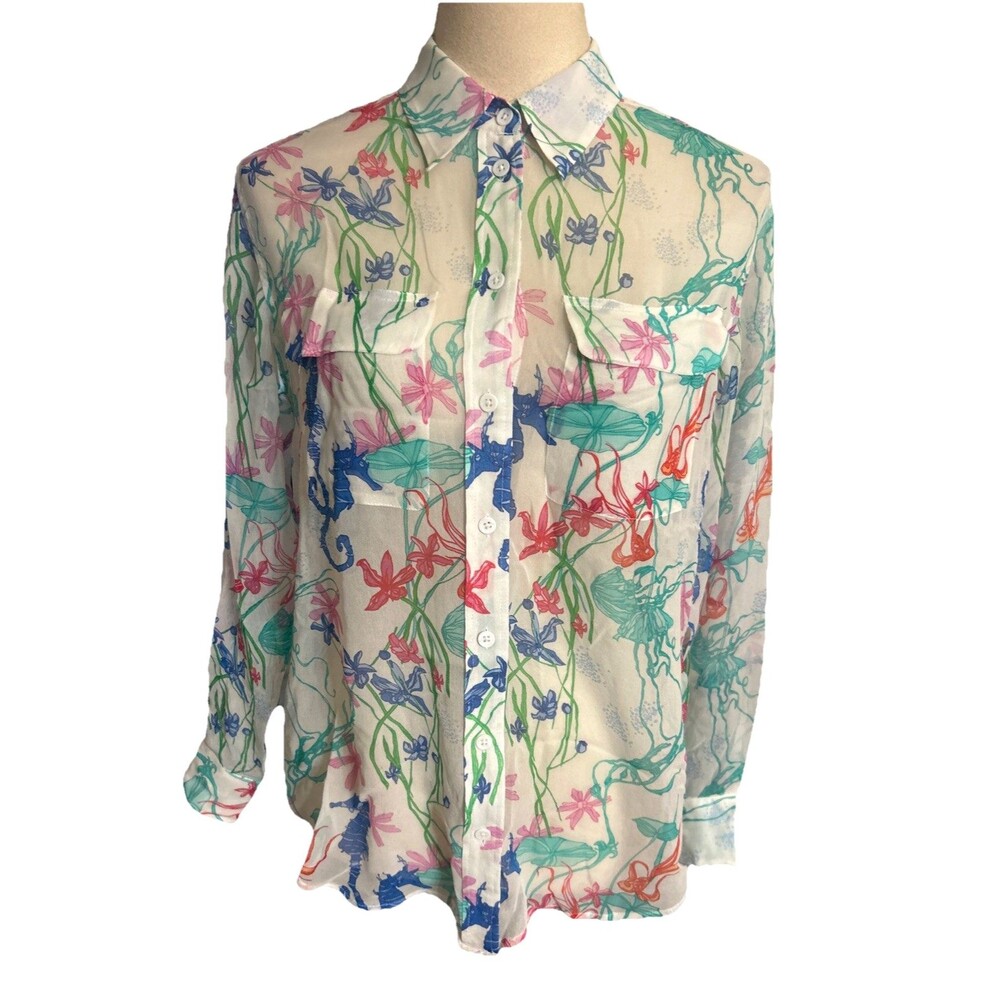 Equipment Femme 100% Silk Women's XS Floral Sea Horse Long Sleeve Button Down